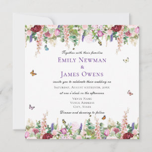 Modern Pink Purple Florals & Butterflies Wedding Invitation