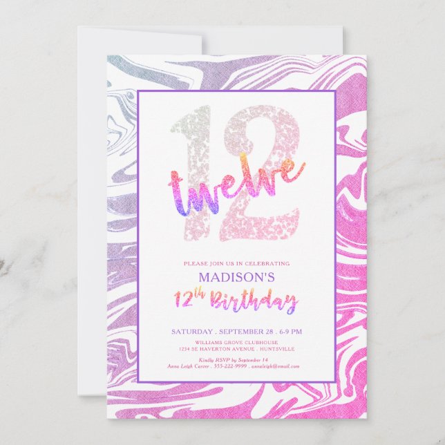 Modern Pink Purple Glitter 12th Birthday Invitation (Front)