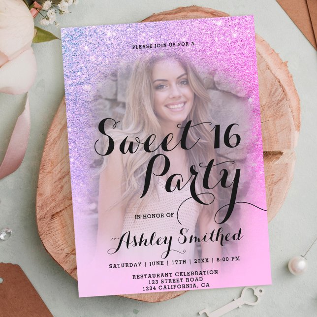 Modern pink purple glitter ombre photo Sweet 16 Invitation (Creator Uploaded)