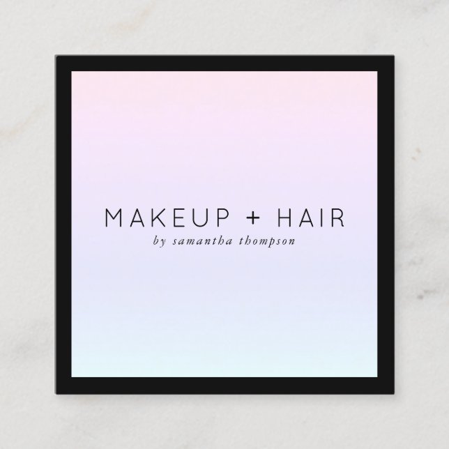 Modern pink purple gradient holographic makeup square business card (Front)