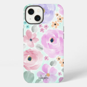 Modern Pink Purple Green Watercolor Floral Art iPhone 13 Case