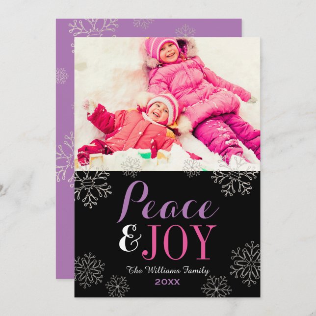 Modern Pink Purple Peace and Joy Snowflake Photo Holiday Card (Front/Back)