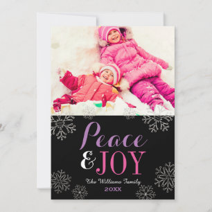 Modern Pink Purple Peace and Joy Snowflake Photo Holiday Card
