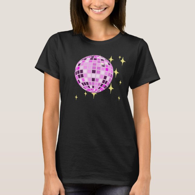 Modern Pink Purple Retro Disco Ball Black T-Shirt (Front)