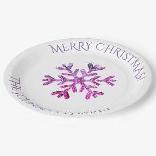 Modern Pink Purple Snowflake Christmas Party Paper Plate