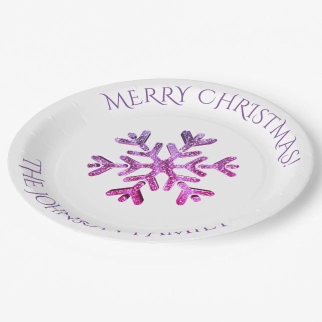 Modern Pink Purple Snowflake Christmas Party Paper Plate (Angled)