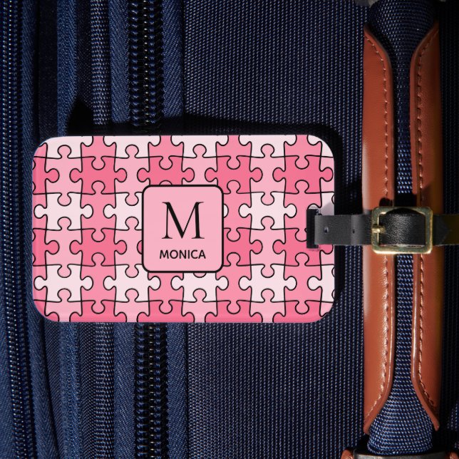 Modern Pink Puzzle Pieces Monogram  Luggage Tag (Front Insitu 4)