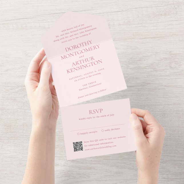 Modern Pink QR Code Elegant Wedding All In One Invitation (Tearaway)