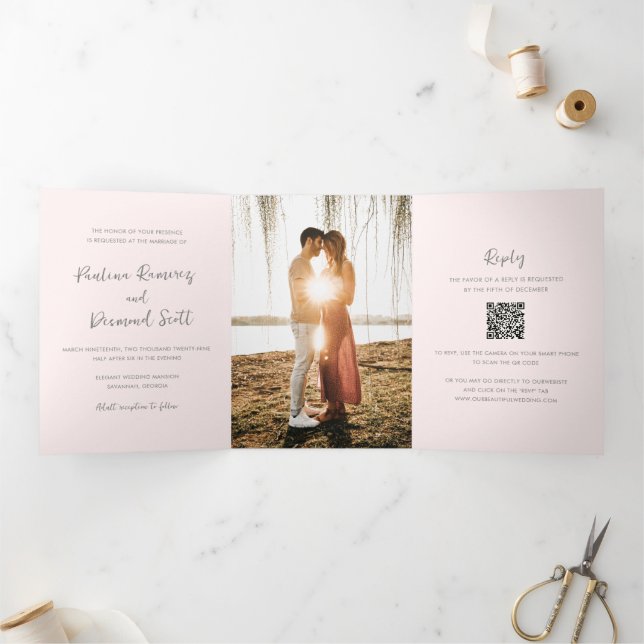 Modern Pink QR Code Simple Wedding Tri-Fold Invitation (Inside)