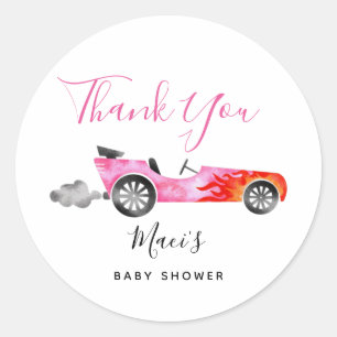 Modern Pink Race Car Baby Shower Favour Classic Round Sticker