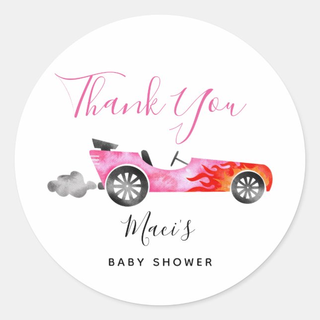 Modern Pink Race Car Baby Shower Favour Classic Round Sticker (Front)