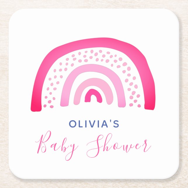 Modern Pink Rainbow Baby Shower Girl Square Paper Coaster (Front)