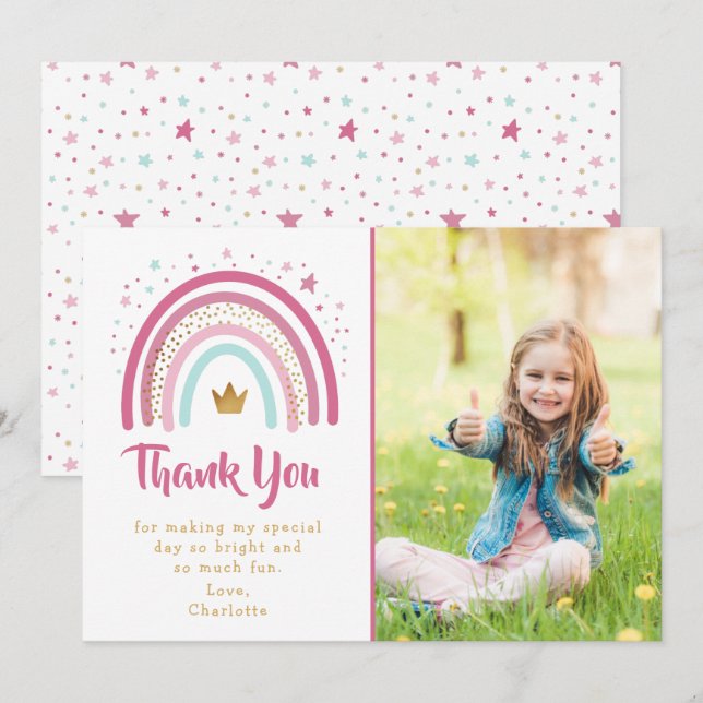 Modern Pink Rainbow Birthday Party Thank You Card (Front/Back)