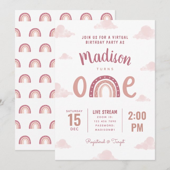 Modern Pink Rainbow Clouds Virtual First Birthday Invitation (Front/Back)