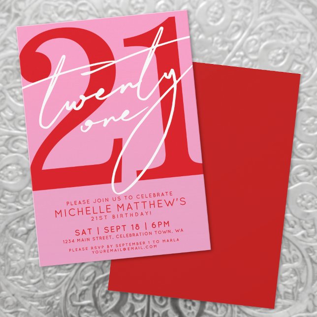 Modern Pink Red 21st Birthday Invitation (Modern Pink Red 21st Birthday Invitation )