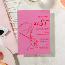 Modern Pink Red 21st Birthday Invitation