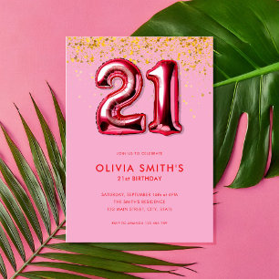Modern Pink Red 21st Birthday Invitation