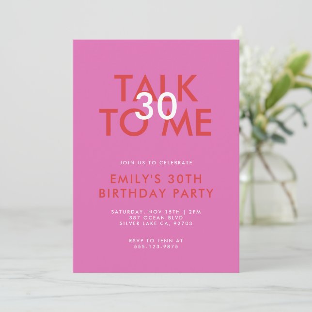 Modern Pink Red 30th Birthday Party Invitation (Standing Front)