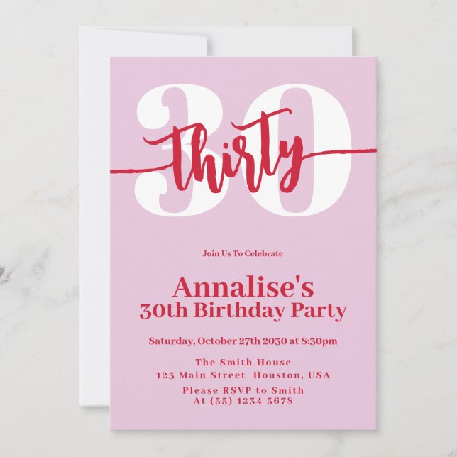Modern Pink Red 30th Birthday Party Invitation (Front)