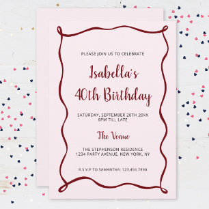 Modern Pink Red 40th Birthday Hand Drawn Border Invitation