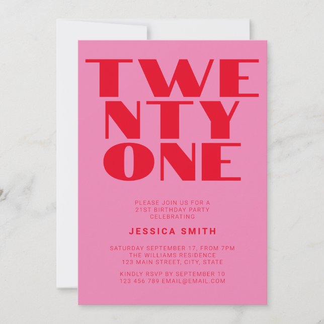 Modern Pink Red Bold 21st Birthday Invitation (Front)