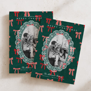 Modern Pink & Red Bow Family Photo Christmas Holiday Card