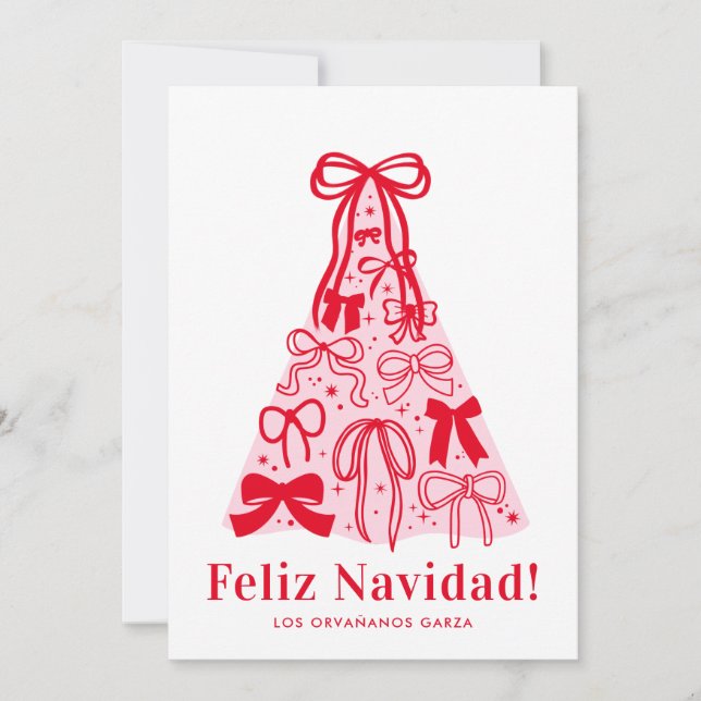 Modern Pink Red Bow Feliz Navidad Holiday Card (Front)