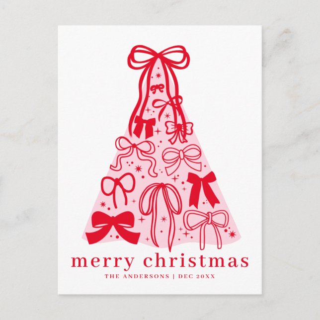 Modern Pink Red Bow Merry Christmas Holiday Card (Front)