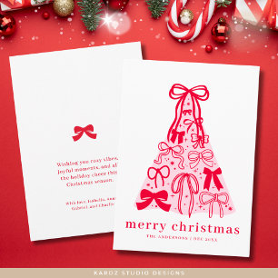 Modern Pink Red Bow Merry Christmas Holiday Card