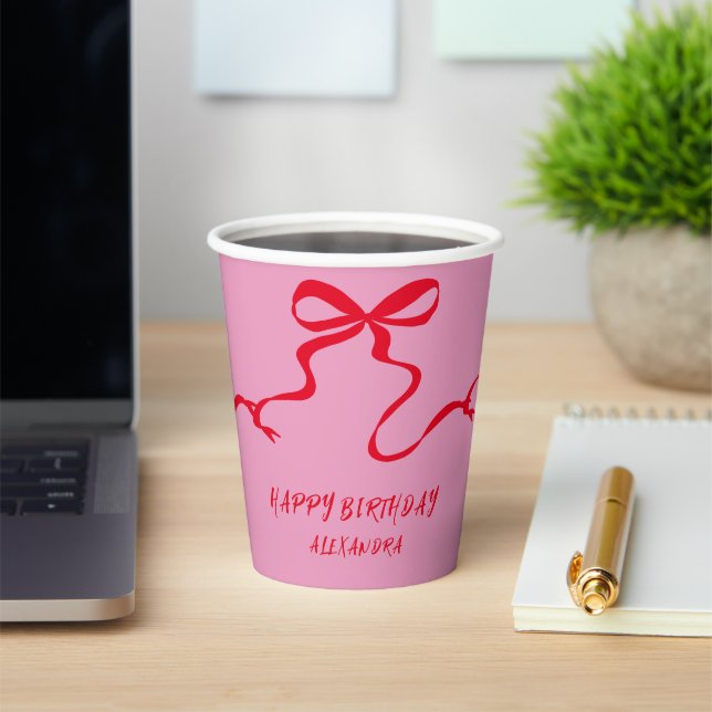 Modern Pink Red Bow Personalised Adult Birthday  Paper Cups (Insitu)