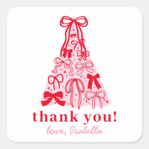 Modern Pink Red Bow Thank You Square Sticker