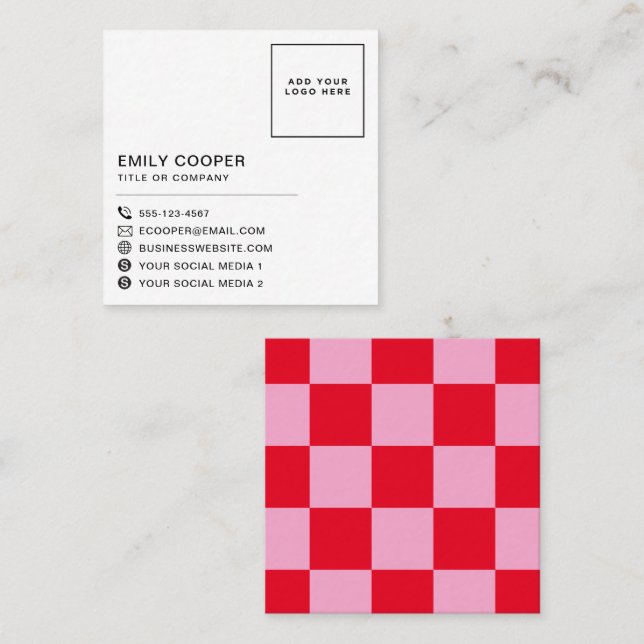 Modern Pink Red | Chequered Chequerboard Your Logo Square Business Card (Front/Back)