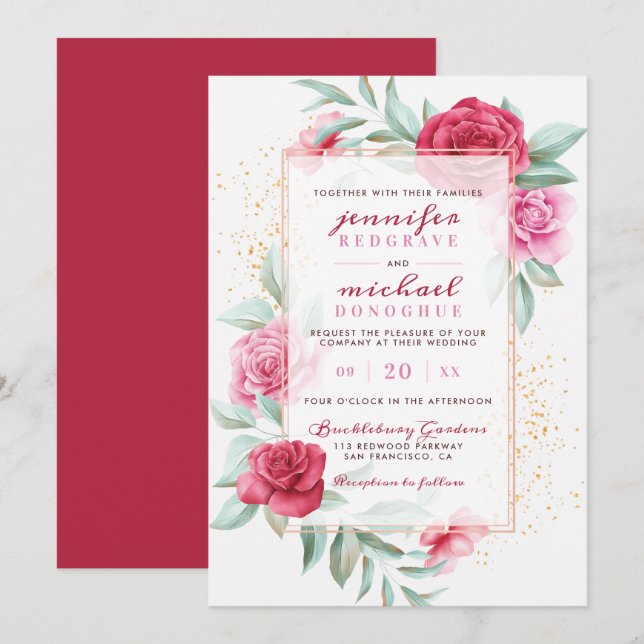 Modern Pink & Red Chic Blooms Botanical Wedding Invitation (Front/Back)