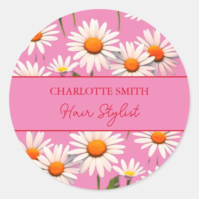 Modern Pink Red Daisy Floral Classic Round Sticker (Front)