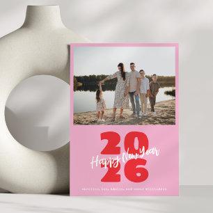 Modern Pink Red Family New Year Photo Playful Holiday Card