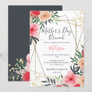 Modern pink red floral gold mother's day brunch invitation