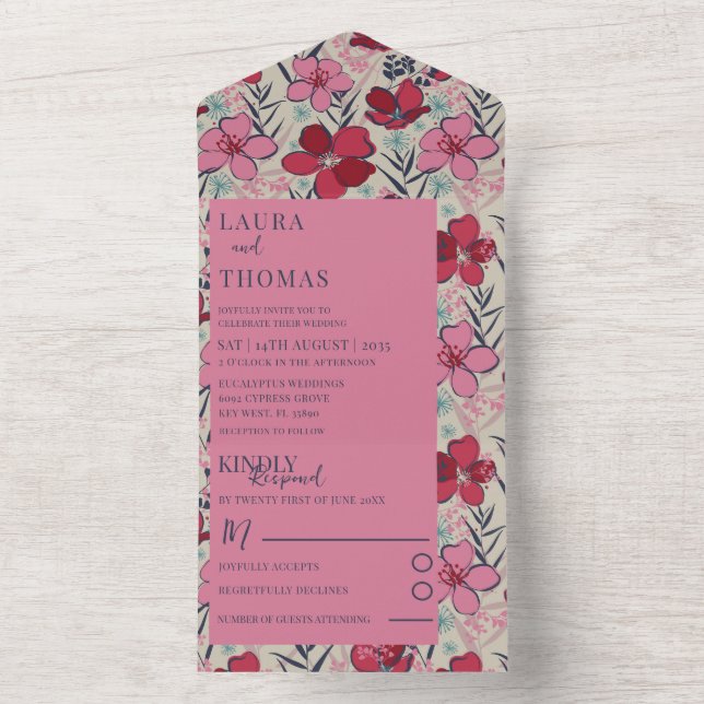 Modern Pink & Red Floral Wedding All In One Invitation (Inside)