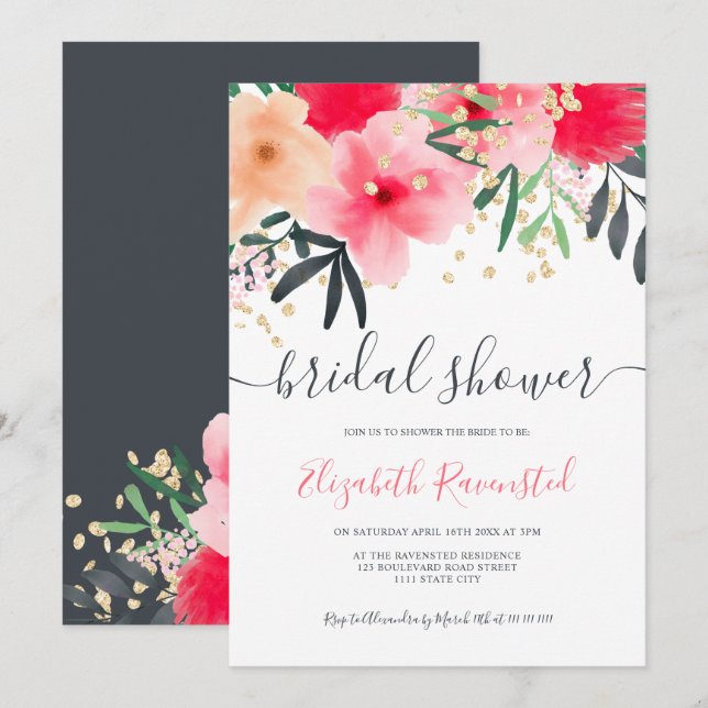 Modern pink red green floral gold bridal shower invitation (Front/Back)