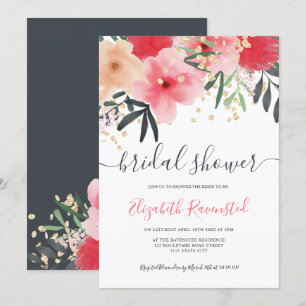 Modern pink red green floral gold bridal shower invitation