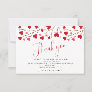 Modern Pink Red Hearts Baby Shower Thank You Card