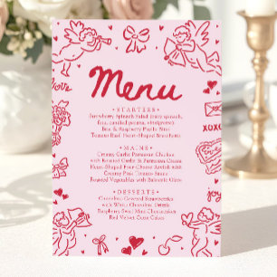 Modern Pink Red Hearts Hand Drawn Valentine Menu