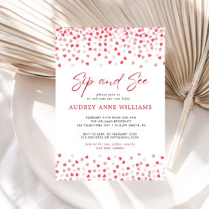 Modern Pink Red Hearts Sip and See Invitation