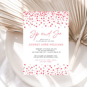 Modern Pink Red Hearts Sip and See Invitation