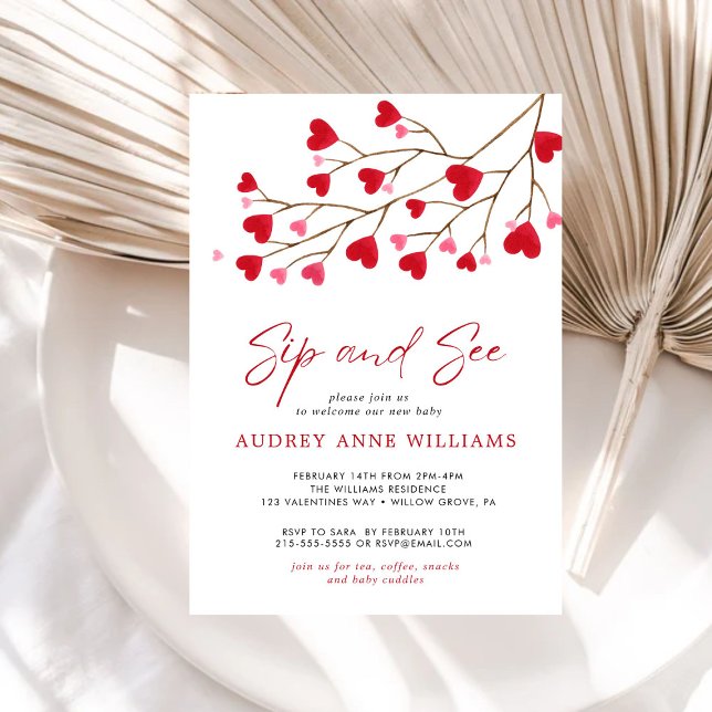 Modern Pink Red Hearts Sip and See Invitation (Creator Uploaded)