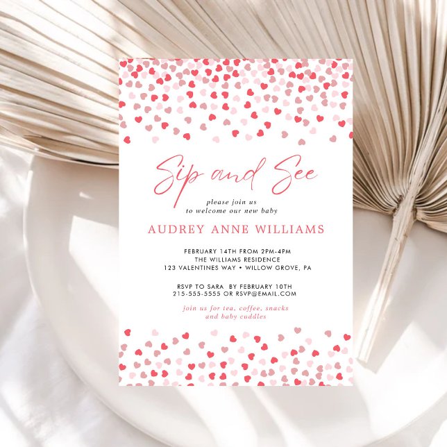 Modern Pink Red Hearts Sip and See Invitation (Creator Uploaded)