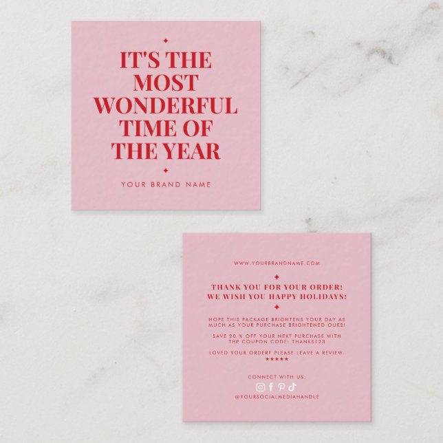 Modern pink red holiday business thank you  square business card (Front/Back)