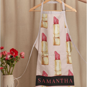 Modern Pink & Red Lipstick Pattern Girly With Name Apron