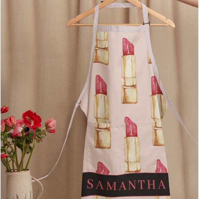 Modern Pink & Red Lipstick Pattern Girly With Name Apron (Creator Uploaded)