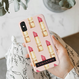 Modern Pink & Red Lipstick Pattern Girly With Name Case-Mate iPhone Case
