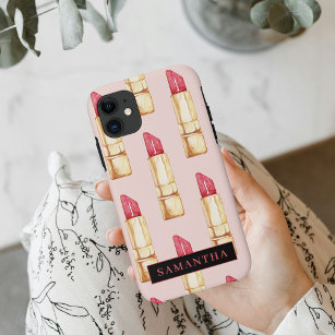 Modern Pink & Red Lipstick Pattern Girly With Name Case-Mate iPhone Case